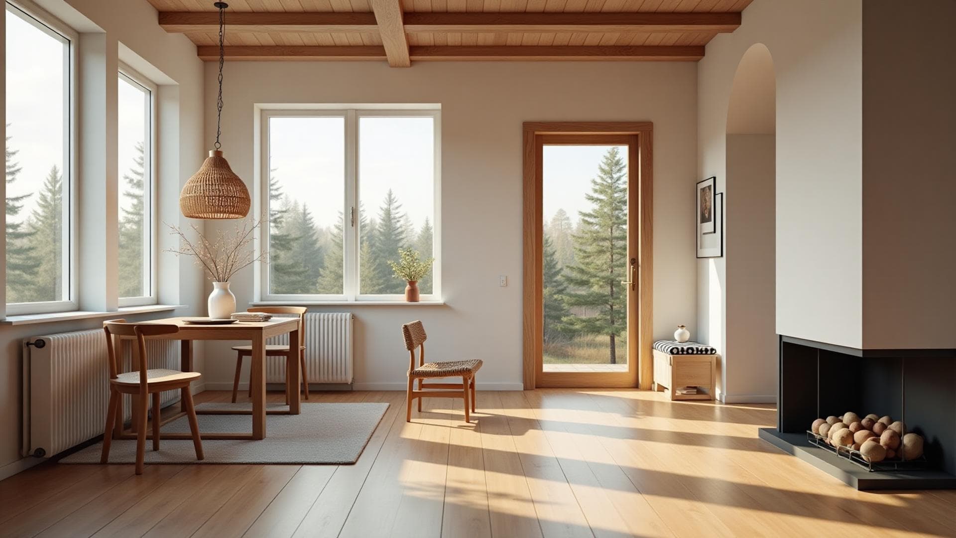 Cozy interior living room with wooden floors and forest views