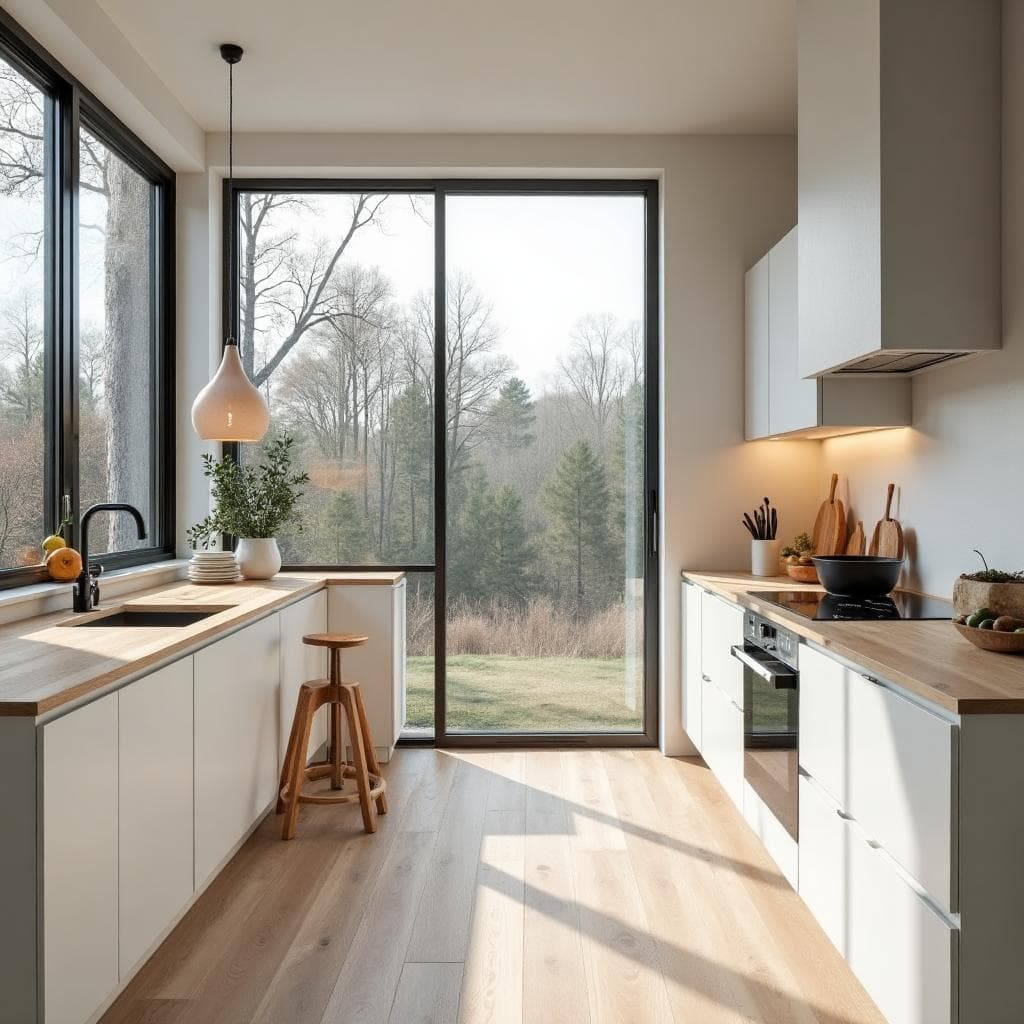 Modern Scandinavian kitchen with forest view
